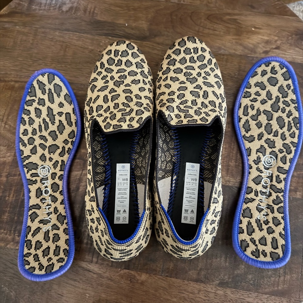 Rothy's Leopard Print Slip-On Flats with Royal Blue Trim - Picture 2 of 6
